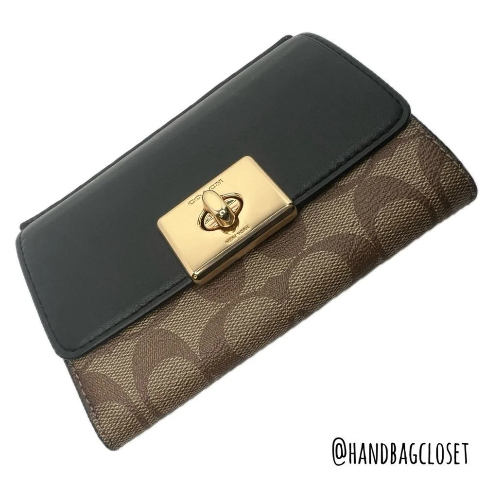 Cassidy Turnlock Medium Wallet Signature Mahogany Brown Black Turnlock F76789